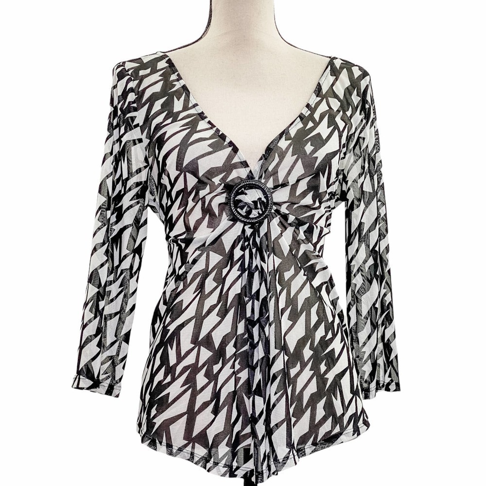 ESSENTIALS by Milano Black White Geometric Blouse